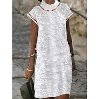 Women's Casual Dress Lace Dress Shift Dress Floral Plain Lace Hollow Out Turtleneck Mini Dress Fashion Modern Daily Vacation Short Sleeve Regular Fit White Summer Spring S M L XL XXL Lightinthebox