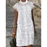 Women's Casual Dress Lace Dress Shift Dress Floral Plain Lace Hollow Out Turtleneck Mini Dress Fashion Modern Daily Vacation Short Sleeve Regular Fit White Summer Spring S M L XL XXL Lightinthebox - thumbnail