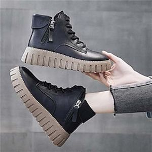 Women's Sneakers Boots Snow Boots Plus Size Outdoor Daily Booties Ankle Boots Zipper Flat Heel Round Toe Fashion Casual Minimalism Faux Leather Lace-up Solid Color Black Beige miniinthebox