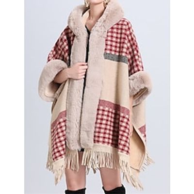Women's Shrug Hooded Ribbed Knit Polyester Print Tassel Knitted Fall Winter Long Outdoor Christmas Daily Elegant Fashion Streetwear 3/4 Length Sleeve Plaid Elk Snowflake Pink Wine Red One-Size miniinthebox