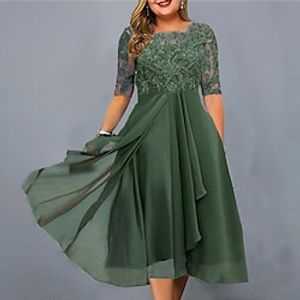 Women's Plus Size Casual Dress Solid Color Crew Neck Lace Half Sleeve Spring Fall Casual Midi Dress Daily Vacation Dress miniinthebox
