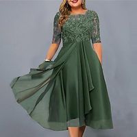 Women's Plus Size Casual Dress Solid Color Crew Neck Lace Half Sleeve Spring Fall Casual Midi Dress Daily Vacation Dress miniinthebox - thumbnail