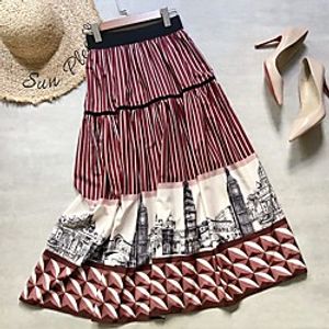 Women's Holiday Weekend Basic Streetwear Ankle-Length Skirts Graphic Geometric Ruffle Print White Red miniinthebox