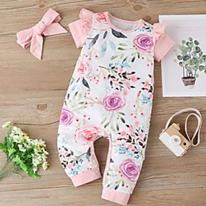 Baby Girls' Basic Floral Print Short Sleeves Romper Purple Blushing Pink Light Green Lightinthebox
