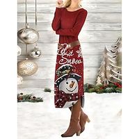 Women's Casual Dress Christmas Dress Winter Dress Snowman Print Crew Neck Midi Dress Fashion Streetwear Outdoor Christmas Long Sleeve Loose Fit Black Wine Blue Spring Fall S M L XL XXL miniinthebox - thumbnail
