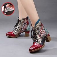 Women's Boots Plus Size Handmade Shoes Daily Floral Booties Ankle Boots Buckle Zipper Chunky Heel Pointed Toe Vintage Casual Comfort Leather Zipper Red miniinthebox