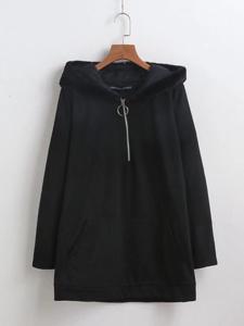 Solid Zipper Fur Hooded Loose Hoodie