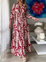 V-neck Casual Loose Elastic Waist Leaf Print Long Sleeve Maxi Dress