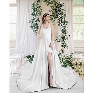Sheath  Column Wedding Dresses V Neck Chapel Train Short  Mini Satin Sleeveless Simple with Split Front 2022 Lightinthebox