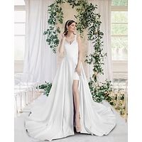 Sheath  Column Wedding Dresses V Neck Chapel Train Short  Mini Satin Sleeveless Simple with Split Front 2022 Lightinthebox - thumbnail