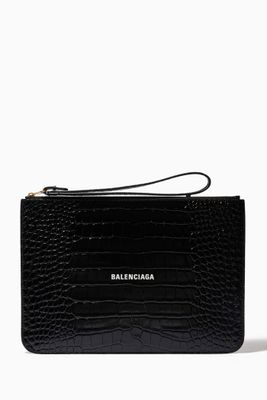 Cash Pouch with Handle in Croc-embossed Leather