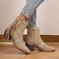 Women's Boots Cowboy Boots Plus Size Cowgirl Boots Outdoor Daily Booties Ankle Boots Tassel Block Heel Chunky Heel Pointed Toe Vintage Minimalism Industrial Style Faux Suede Loafer Floral Khaki Lightinthebox - thumbnail
