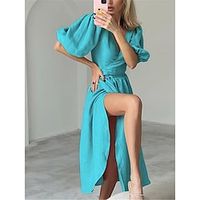 Women's Casual Dress Sheath Dress Swing Dress Plain Lace up Pleated V Neck Puff Sleeve Midi Dress Elegant Classic Home Daily Half Sleeve Regular Fit Light Green Light Purple Light Blue Spring Fall S Lightinthebox - thumbnail