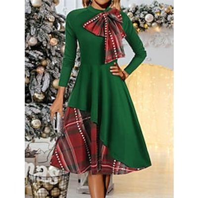 Women's Christmas Dress Plaid Dress Plaid Patchwork Bow Stand Collar Midi Dress Fashion Streetwear Outdoor Christmas Long Sleeve Regular Fit Green Fall Winter S M L XL XXL Lightinthebox