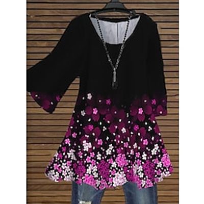 Women's Plus Size Tops Blouse Shirt Floral Print 34 Length Sleeve Crewneck Streetwear Daily Holiday Cotton Spandex Jersey Fall Spring Purple Lightinthebox