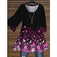 Women's Plus Size Tops Blouse Shirt Floral Print 34 Length Sleeve Crewneck Streetwear Daily Holiday Cotton Spandex Jersey Fall Spring Purple Lightinthebox - thumbnail