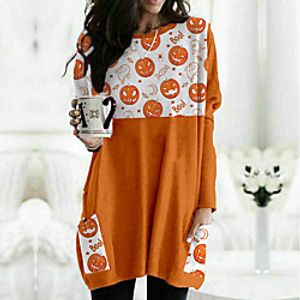 Women's Halloween Painting T shirt Color Block Pumpkin Long Sleeve Pocket Print Round Neck Basic Halloween Tops Orange  3D Print Lightinthebox
