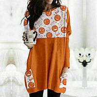Women's Halloween Painting T shirt Color Block Pumpkin Long Sleeve Pocket Print Round Neck Basic Halloween Tops Orange  3D Print Lightinthebox - thumbnail