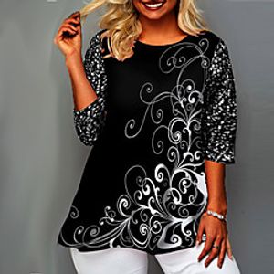 Women's Plus Size Tops T shirt Floral Print 3/4 Length Sleeve Crewneck Streetwear Fall Summer Black Big Size XL XXL 3XL 4XL 5XL miniinthebox