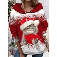 Ugly Christmas Sweatshirt Women's Hoodie Sweatshirt Pullover Cat Sportswear Funny Festival Print Drawstring Red Blue Green Christmas Casual Hoodie Long Sleeve Micro-elastic Fall  Winter Lightinthebox - thumbnail