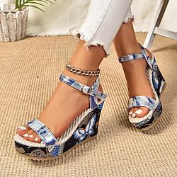 Women's Sandals Wedge Sandals Platform Sandals Height Increasing Shoes Daily Butterfly Buckle Embroidery Platform Wedge Peep Toe Casual Minimalism PU Cloth Ankle Strap Blue Lightinthebox