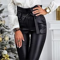 Women's Tights Pants Trousers Leggings Leather Pants Plain Comfort Ankle-Length Casual Weekend PU Artificial Leather Fashion Slim Black Gold Mid Waist Micro-elastic Lightinthebox - thumbnail