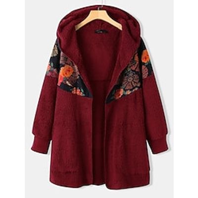 Women's Zip Hoodie Sweatshirt Fleece Jacket Flannel Teddy Fuzzy Front Pocket Print Red Floral Street Casual Hoodie Long Sleeve Top Micro-elastic Fall  Winter Lightinthebox