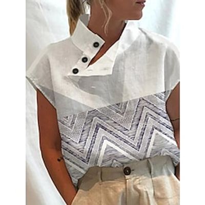 Women's Shirt Blouse Floral Geometric Black Blue Gray Print Button Short Sleeve Casual Fashion High Neck Regular Fit Spring  Summer Lightinthebox