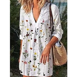 Women's Shift Dress Short Mini Dress White 34 Length Sleeve Floral Print Fall Winter V Neck Fashion Modern 2022 S M L XL 2XL 3XL Lightinthebox