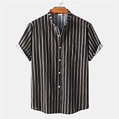 Men's Shirt Striped Button-Down Short Sleeve Casual Tops Cotton Casual Fashion Breathable Comfortable Black / Beach miniinthebox