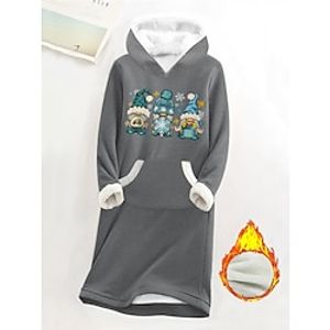 Women's Christmas Dress Hoodie Dress Mini Dress Sherpa Fleece Lined Warm Outdoor Christmas Going out Hoodie Pocket Print Santa Claus Loose Fit Gray S M L XL XXL Lightinthebox