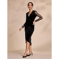 Velvet Black Lace Elegant Midi Dress - thumbnail