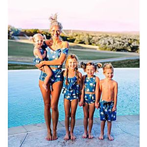 Family Look Blue Summer Print Graphic Swimwear miniinthebox