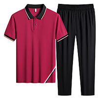 Men's 2 Piece Tracksuit Jogging Suit Athleisure 2pcs Short Sleeve Spandex Breathable Sweat Out Jogging Sportswear Solid Colored Normal White Black Burgundy Blue Activewear Micro-elastic Lightinthebox - thumbnail