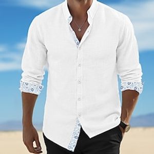 Men's Shirt Linen Shirt Button Up Shirt Beach Shirt White Pink Blue Long Sleeve Color Block Lapel Spring  Summer Casual Daily Clothing Apparel Patchwork Lightinthebox
