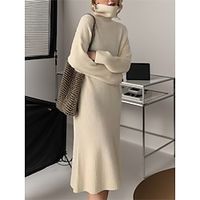 Women's Black Dress Sweater Dress Jumper Dress Midi Dress Knitwear Fashion Daily Plain Outdoor Daily Holiday Vacation Turtleneck Long Sleeve 2023 Loose Fit Black White Brown One Size Lightinthebox - thumbnail