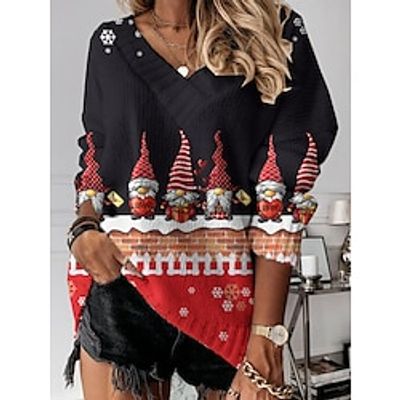 Women's Pullover Sweater Jumper Christmas Sweaters V Neck Ribbed Knit Polyester Knitted Print Fall Winter Regular Outdoor Christmas Going out Daily Stylish Casual Long Sleeve Santa Claus Wine Purple Lightinthebox