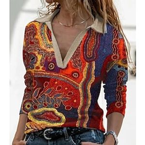Women's T shirt Tee Graphic Casual Weekend Abstract Painting T shirt Tee Long Sleeve Print Shirt Collar Basic Ethnic Red S / 3D Print miniinthebox