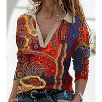 Women's T shirt Tee Graphic Casual Weekend Abstract Painting T shirt Tee Long Sleeve Print Shirt Collar Basic Ethnic Red S / 3D Print miniinthebox - thumbnail