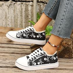 Women's Sneakers Flats Slip-Ons Plus Size Canvas Shoes Daily Floral Skull Flat Heel Round Toe Casual Preppy Walking Canvas Loafer Black White Lightinthebox