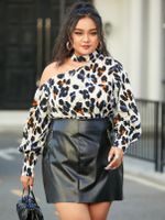 Plus Size One Shoulder Leopard Backless Design Long Sleeves Blouse - thumbnail