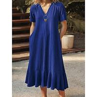 Women's Casual Dress Summer Dress Plain Dress Midi Dress Pocket Vacation Basic Casual V Neck Short Sleeve Black Wine Blue Color Lightinthebox