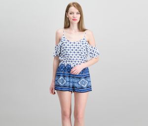 Juniors Printed Cold-Shoulder Romper  White/Royal