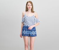 Juniors Printed Cold-Shoulder Romper  White/Royal - thumbnail