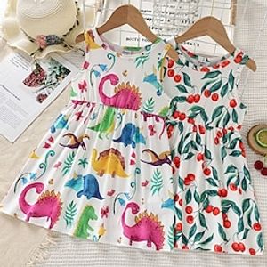 Kids Girls' Dress Fruit Dinosaur Casual Dress Above Knee Dress Outdoor Crew Neck Sleeveless Active Dress 3-7 Years Summer White color Lightinthebox