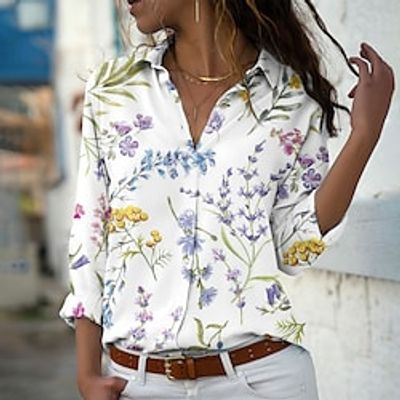 Women's Floral Theme Blouse Shirt Floral Button Print Shirt Collar Casual Streetwear Tops White / 3D Print miniinthebox Women's Floral Theme Blouse Shirt Floral Button Print Shirt Collar Casual Streetwear Tops White / 3D Print miniinthebox