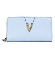 Versace Large Cornflower Grainy Leather Gold Monogram Zip Around Clutch Wallet (21566)