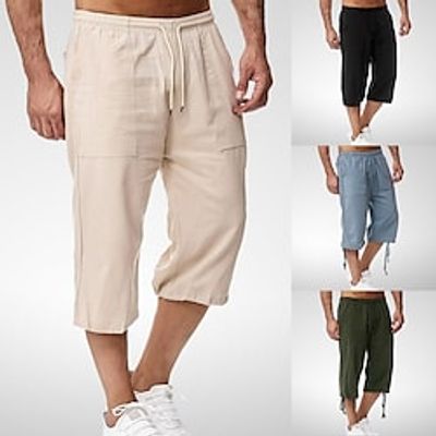 Men's Cotton Linen Drawstring Capri Pants Elastic Waist Casual 3/4 Loose Fit Below Knee Shorts Soft Beach Crop Trousers Summer Quick Dry Lightweight Breathable Pockets miniinthebox