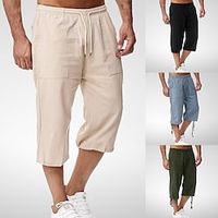 Men's Cotton Linen Drawstring Capri Pants Elastic Waist Casual 3/4 Loose Fit Below Knee Shorts Soft Beach Crop Trousers Summer Quick Dry Lightweight Breathable Pockets miniinthebox - thumbnail