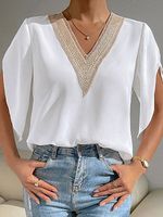 V-Neck Lace Stitching Casual Loose Short-Sleeved Blouse